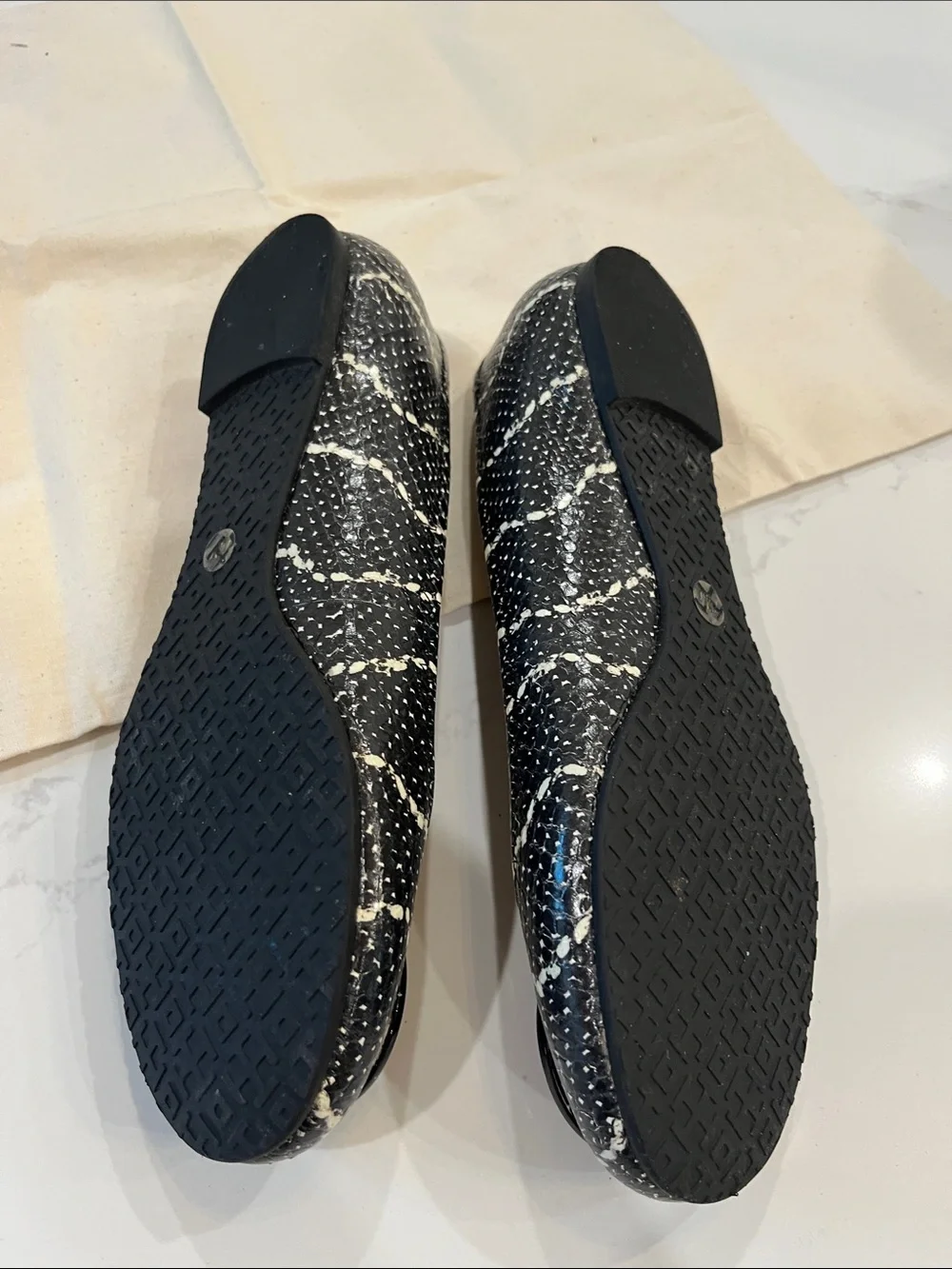 Tory Burch Black and White Splatter Logo Ballet Flats
